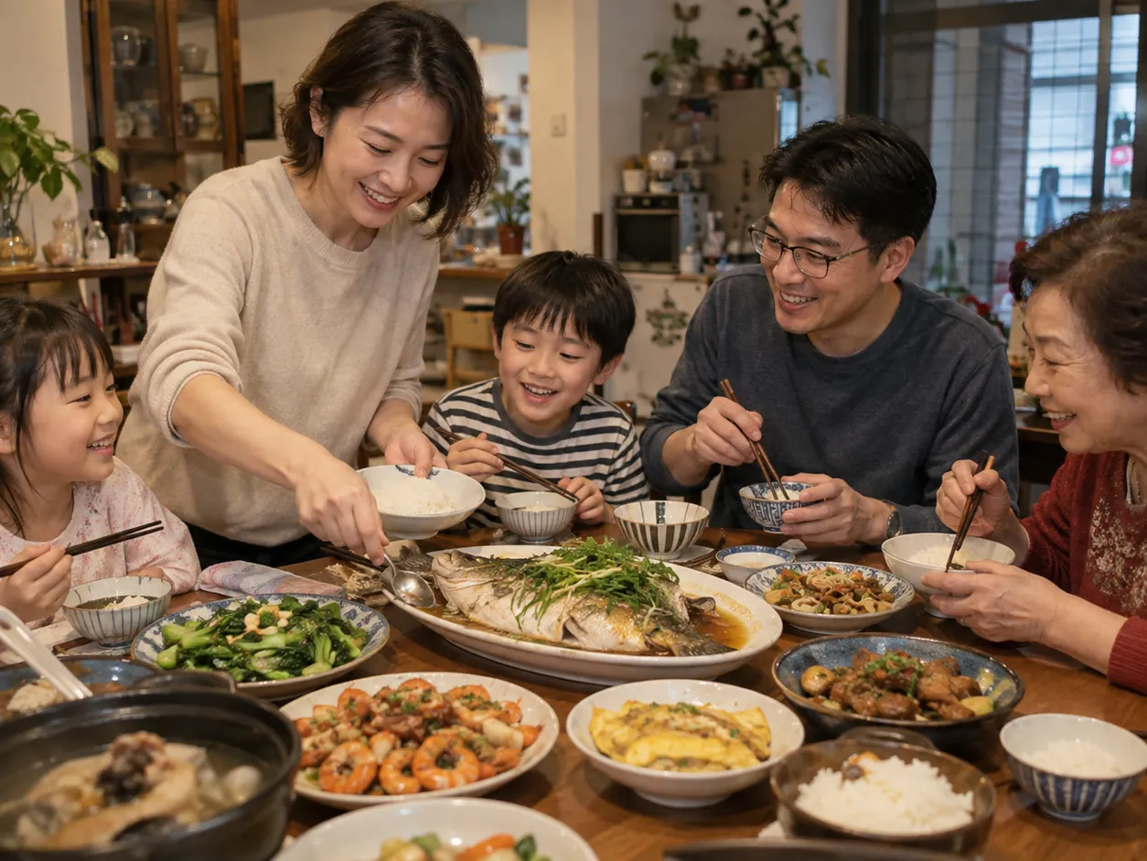 一家人圍桌享用魚料理的溫馨餐桌實拍